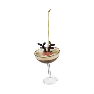 Glass espresso martini ornament shaped as reindeer with antlers and red nose