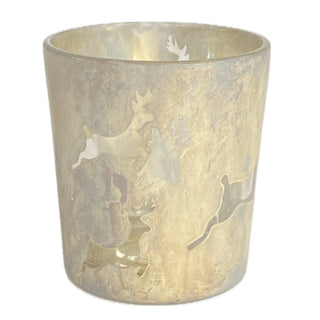 Glass tealight votive holder with reindeer pattern in antique frosted silver