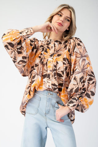 Groovy Vibes Retro Printed Button - Down Blouse Top - Pinecone - The Farmhouse