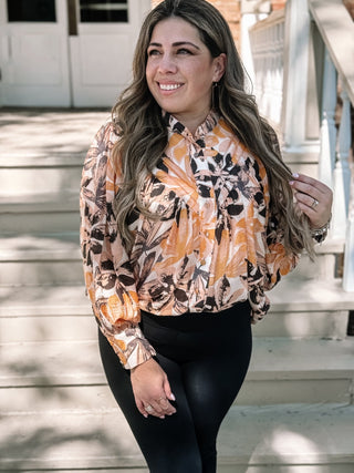 Groovy Vibes Retro Printed Button - Down Blouse Top - Pinecone - The Farmhouse