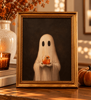 Halloween Ghost Drinking Whiskey Print in Gold Frame - 430 Holiday Decor - The Farmhouse