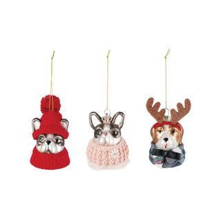 Alternate view of glass dog head ornaments with multicolor clothing details
