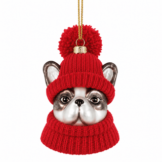 Another angle of hand-painted glass dog ornament in holiday clothes