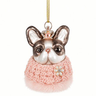 Detail view of hand-painted glass dog head ornament with polyester accents