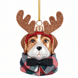 Alternate view of dressed-up glass dog Christmas ornaments for dog lovers
