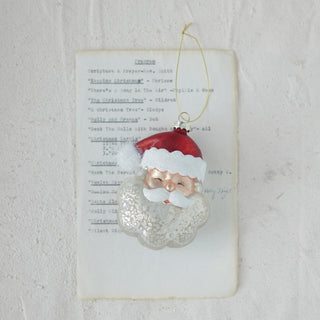 Hand-painted mercury glass Santa head ornament in white and red