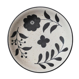 Hand - Painted Stoneware Bowl w/ Floral Design, Matte Black & Cream Color Speckled - The Farmhouse