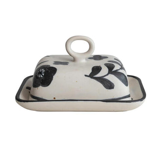 Hand - Painted Stoneware Butter Dish w/ Floral Design, Matte Black & Cream Color Speckled - The Farmhouse