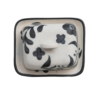 Hand - Painted Stoneware Butter Dish w/ Floral Design, Matte Black & Cream Color Speckled - The Farmhouse