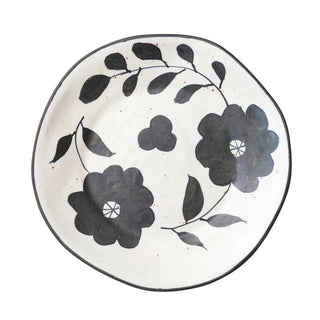 Hand - Painted Stoneware Plate w/ Floral Design, Matte Black & Cream Color Speckled - The Farmhouse