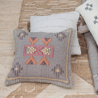 Hand - Woven Cotton Pillow w/ Embroidery - Blanket Stitch & Chambray Back - The Farmhouse