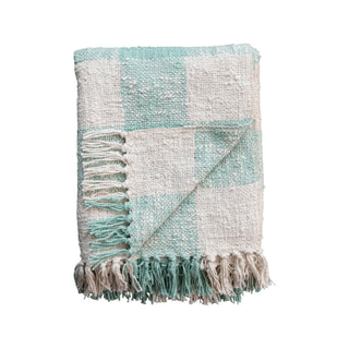 Hand - Woven Cotton Throw w/ Fringe - Mint and Cream - The Farmhouse