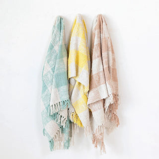 Hand - Woven Cotton Throw w/ Fringe - Mint and Cream - The Farmhouse