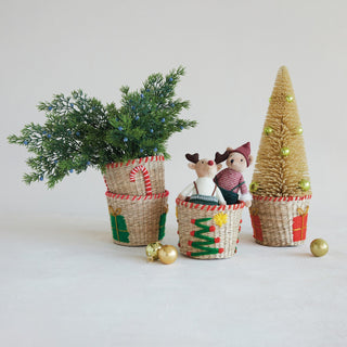 Alternate style of seagrass and cotton basket with embroidered Christmas motif