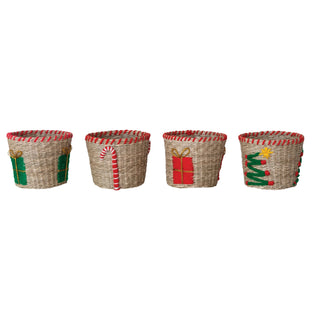 Close-up of the stitched rim on hand-woven seagrass holiday basket