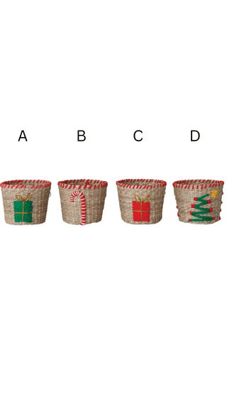 Seagrass and cotton baskets shown in four embroidered holiday styles