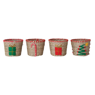 Hand-woven seagrass and cotton holiday basket with stitched edge and embroidered motif