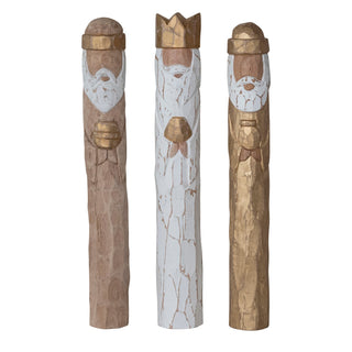 Set of three hand-carved mango wood Wisemen in natural, white and gold