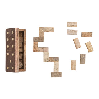 Handmade Mango Wood & Inlaid Brass Dominoes in Mango Wood Box, Natural, Set of 29 - 420 Home Decor - The Farmhouse