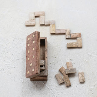 Handmade Mango Wood & Inlaid Brass Dominoes in Mango Wood Box, Natural, Set of 29 - 420 Home Decor - The Farmhouse