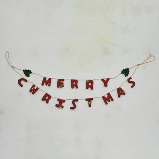 Handmade Wool Felt Garland w/ Holly Leaves & Berries "Merry Christmas", Red & Green - 430 Holiday Decor - The Farmhouse