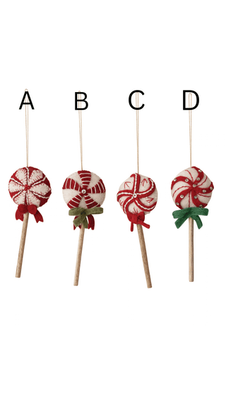Close-up of sequins and beads on handmade felt lollipop ornament