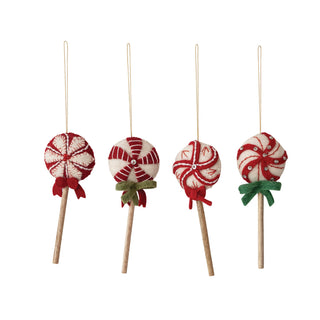 Alternate view of multicolor felt lollipop ornament with embroidery and bow