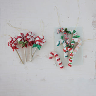 Handmade wool felt and mango wood lollipop ornament with bow, sequins and beads