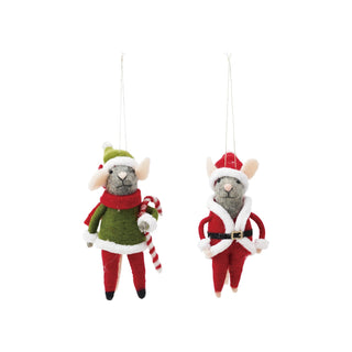 Detail view of wool felt mouse ornament in a holiday outfit