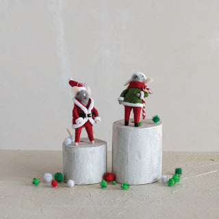 Handmade wool felt mouse ornaments in red and green Santa and elf outfits