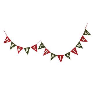 Close-up of white lettering on red and green wool felt pennants