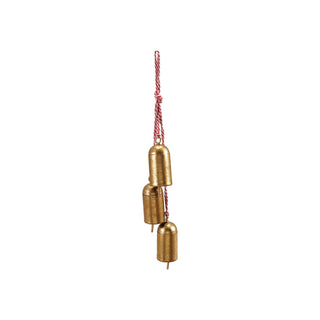 Gold finish hanging metal bells on twisted red and white jute cord