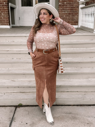 Harlem Chic Suede Midi Skirt W/ Slit - The Farmhouse