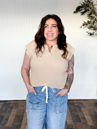 Harper Split - Neck Slub Sweater Top, Biscuit - 100 Casual Tops - The Farmhouse