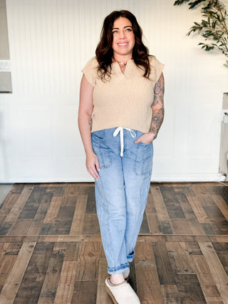 Harper Split - Neck Slub Sweater Top, Biscuit - 100 Casual Tops - The Farmhouse