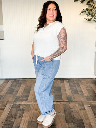 Harper Split - Neck Slub Sweater Top, Off White - 100 Casual Tops - The Farmhouse