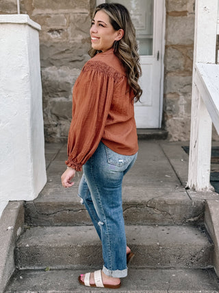 Harvest Glow Crinkle Notched Neck Long Sleeve Top - The Farmhouse