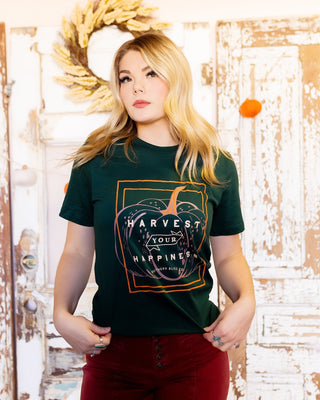Solid green tee with Harvest Your Happiness message for autumn style