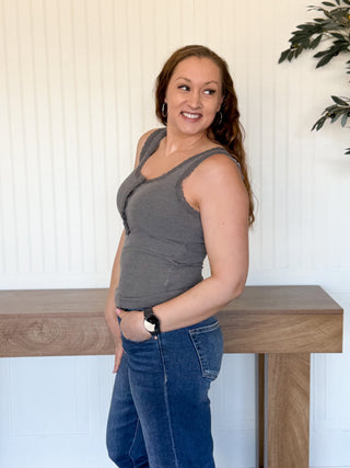 Heirloom Lace Trim Knit Tank, Shadow Gray - 100 Casual Tops - The Farmhouse
