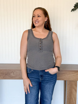 Heirloom Lace Trim Knit Tank, Shadow Gray - 100 Casual Tops - The Farmhouse