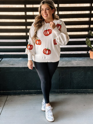 Hello Pumpkin Embroidered Halloween Fall Sweater, Cream - The Farmhouse