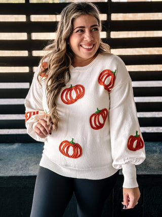 Hello Pumpkin Embroidered Halloween Fall Sweater, Cream - The Farmhouse