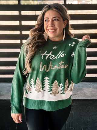 Hello Winter Ugly Christmas Sweater, Hunter Green - The Farmhouse