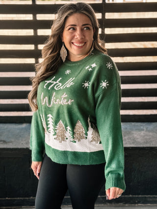 Hello Winter Ugly Christmas Sweater, Hunter Green - The Farmhouse