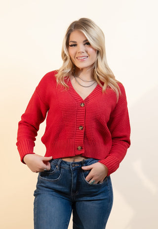 Close-up of the V-neckline on Hem & Thread cranberry cottage cardigan
