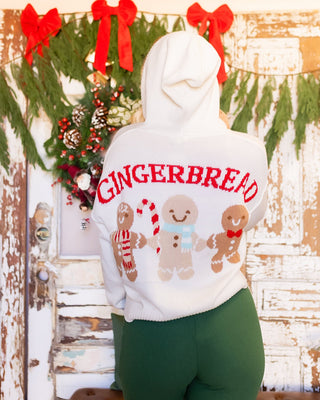 Hem & Thread cream hooded cardigan with gingerbread cottage design for the holidays