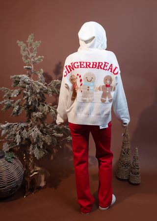 Close-up of the hood on cream gingerbread cottage cardigan