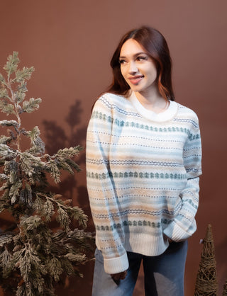 Side view of Hem & Thread white and multicolor Fair Isle sweater