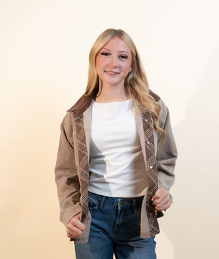 HEM & THREAD Women's Taupe Timber Color Block Shacket - 160 Outerwear - The Farmhouse