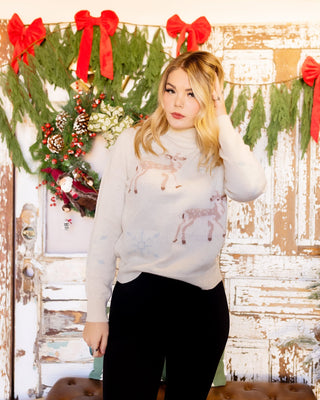 Hem & Thread ecru pullover sweater with deer motif and mock neckline